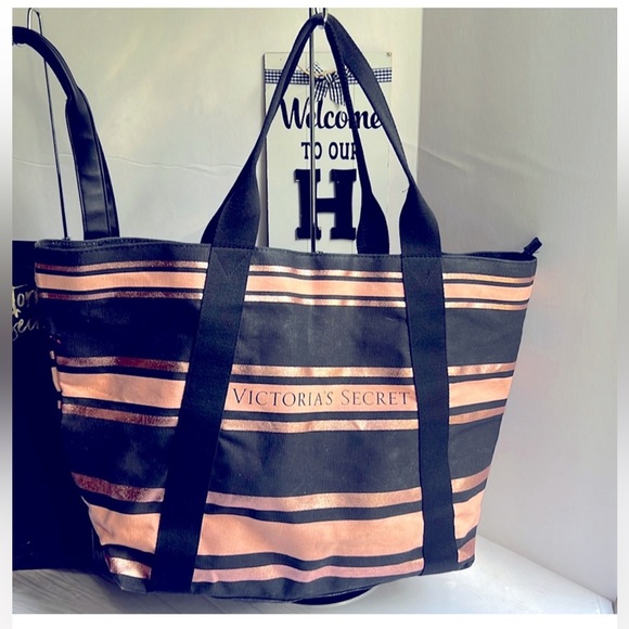 Victoria’s Secret NWT Carry On Beach Tote Shoulder Bag Rose Gold/Black Striped - Picture 4 of 10